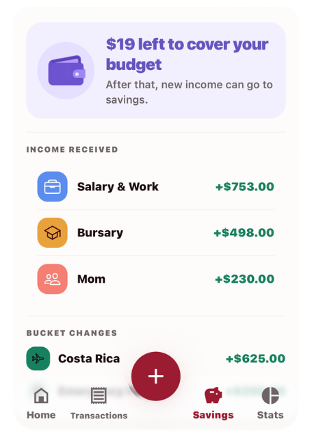 SSPEN income screen showing income received and savings allocations
